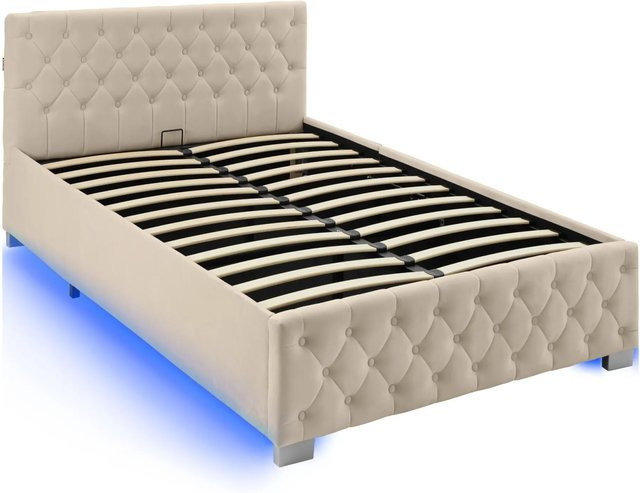 tectake Polsterbett Sedona in Samtoptik mit Steppmuster und indirekter LED-Beleuchtung, Farbe: Sand, B/T/H: 120 x 200 x 83 cm - Bild 2