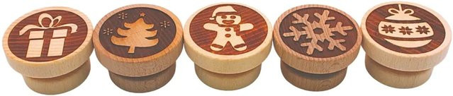 Dekohelden24 5er Set Teigstempel aus Holz mit Weihnachtsmotiven, Farbe: Braun, Maße eines Stempels L/B/H: 5 x 5 x 3 cm - Bild 1