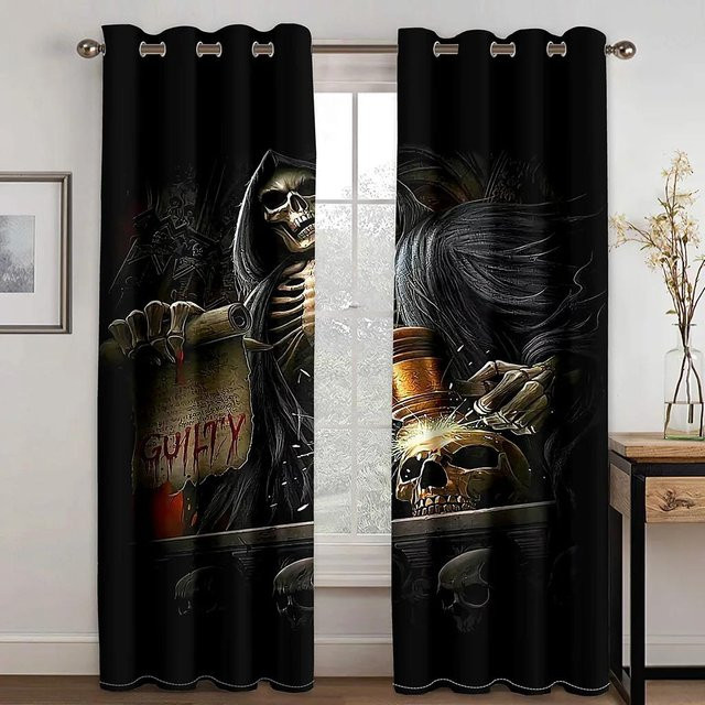 Dekorative 3D Horror Vorhänge mit schwarzem Schädel-Motiv, 2er-Set, Farbe: Schwarz, Breite: 50 cm, Höhe: 160 cm - Bild 1