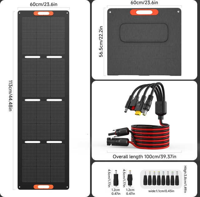 RVPOZWER Faltbares Solarpanel 200W/100W in Schwarz, IP68 wasserdicht und hocheffizient, tragbares Solar-Ladepanel für Powerstationen im Freien - Bild 1