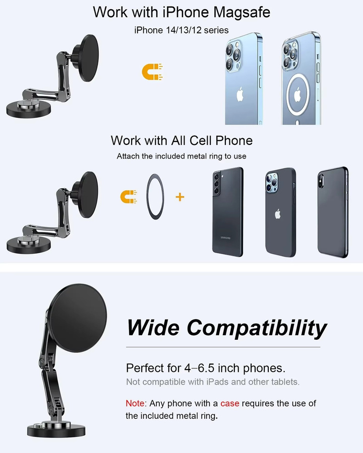 Magnetischer Autotelefonhalter aus Legierung in Schwarz, faltbarer Smartphone-Ständer für das Armaturenbrett, kompatibel mit iPhone, Samsung und Xiaomi - Bild 6