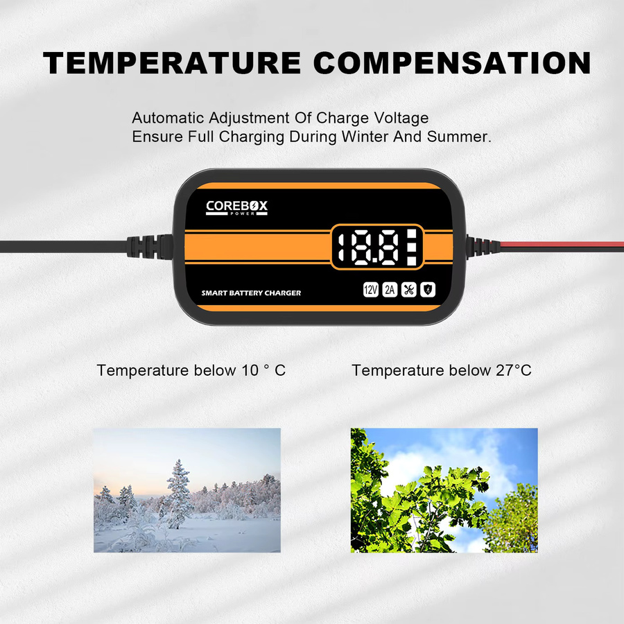 Intelligentes 12 V 2 A Batterieladegerät mit LCD-Display für Auto, Motorrad, Wohnmobil, ATV und Boot, passend für Blei-Säure, AGM und Gel Batterien, Schwarz-Orange - Bild 5