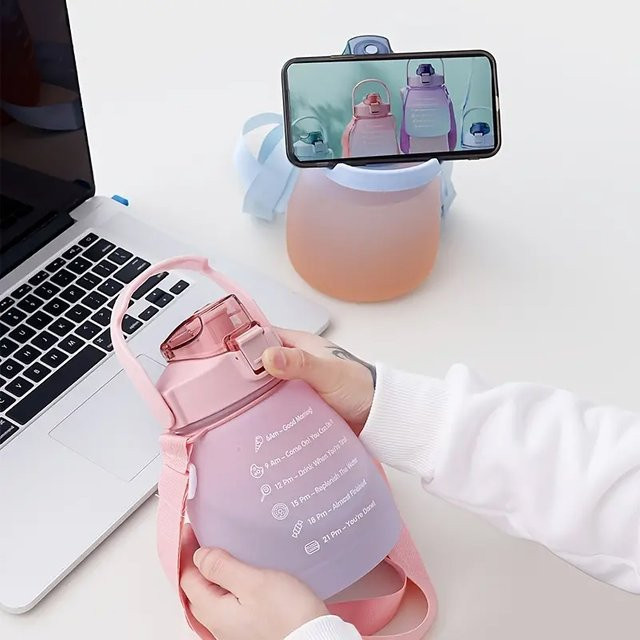 KEMORELA Sportwasserflasche mit Strohhalm, 1,3 l, Farbverlauf in Grün/Multicolor, tragbare Plastikflasche für Outdoor und Sport - Bild 1