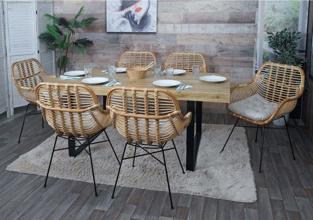 6er-Set Esszimmerstühle MCW-P17 aus Kubu Rattan und Metall mit Polsterung in Beige - Bild 1