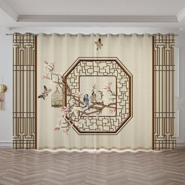 Yiran Furniture Vorhang mit chinesischer Architektur Landschaftsmalerei, 2er-Set, Beige, B: 100 cm, H: 130 cm - Bild 1