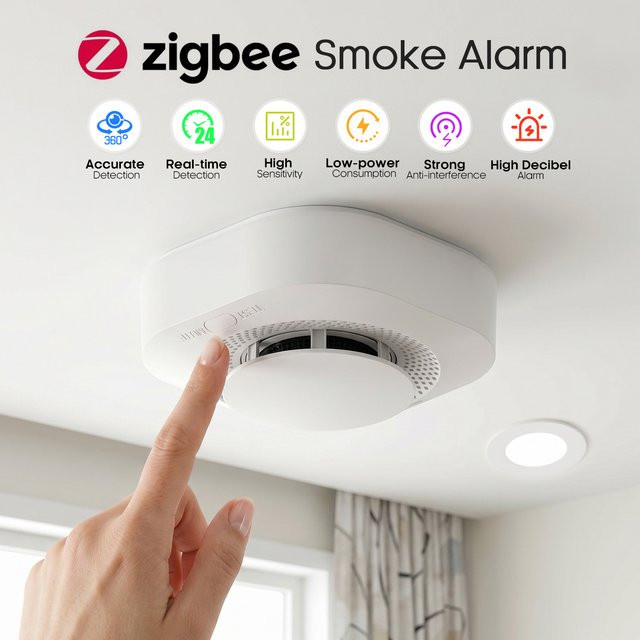 Tuya Zigbee Rauchmelder mit 360 Grad Erkennung und App-Alarm in Weiß - Bild 1