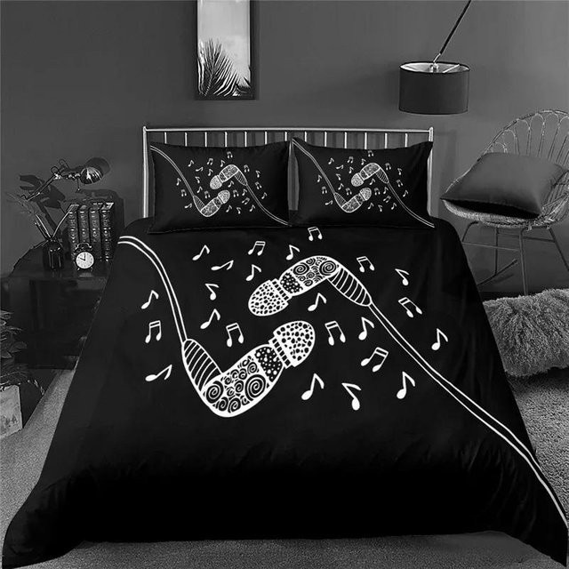 Lodestar Bettwäscheset mit 3D Musiknoten und Gitarren-Design in Schwarz, bestehend aus Bettbezug und Kissenbezug aus Mikrofaser - Bild 1