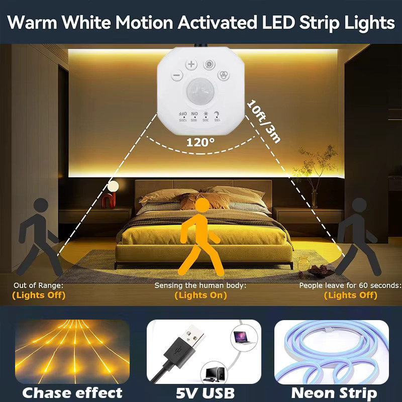 Acosh Neon Sensor-Treppenbeleuchtung mit Bewegungsmelder und Dimmer, flexibles LED-Lichtband in Warmweiß, 5V USB-Betrieb - Bild 4