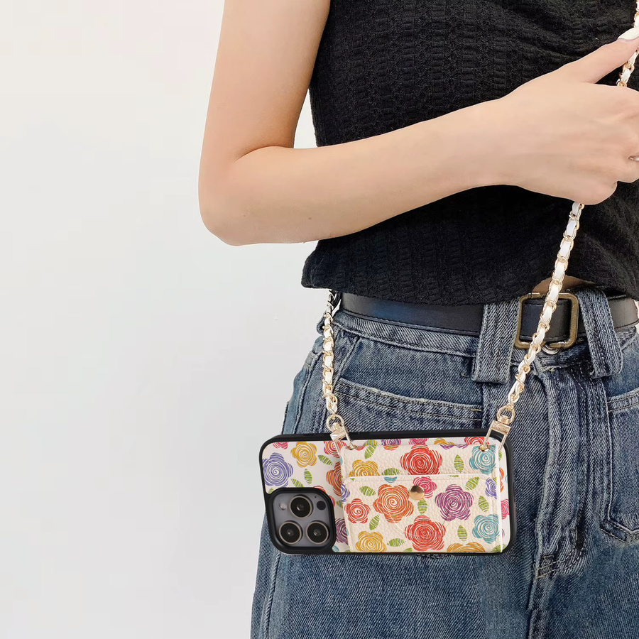 Hardware Crossbody Lanyard Flip Hülle aus Kunstleder mit Blumendruck und Kartenhalter für iPhone 11 bis iPhone 17 Pro Max, Multicolor - Bild 4