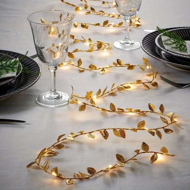 MENGHAO LED Lichterkette mit künstlichen goldenen Rattan-Blättern für Garten, Hochzeit und DIY-Dekoration, 5 m Länge - Bild 1
