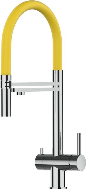 VIZIO 3-Wege Küchenarmatur aus Edelstahl mit 360 Grad schwenkbarem Auslauf und abnehmbarer 2-Strahl Handbrause in Gelb und Silber - Bild 1