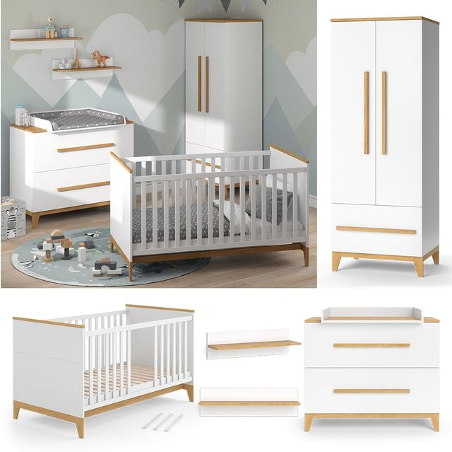 VitaliSpa Babymöbel Set Malia in Weiß Eiche bestehend aus Wickelkommode, Kinderbett mit Lattenrost und Rausfallschutz, Kleiderschrank mit Kleiderstange und Wandregal inklusive Wickelauflage - Bild 1