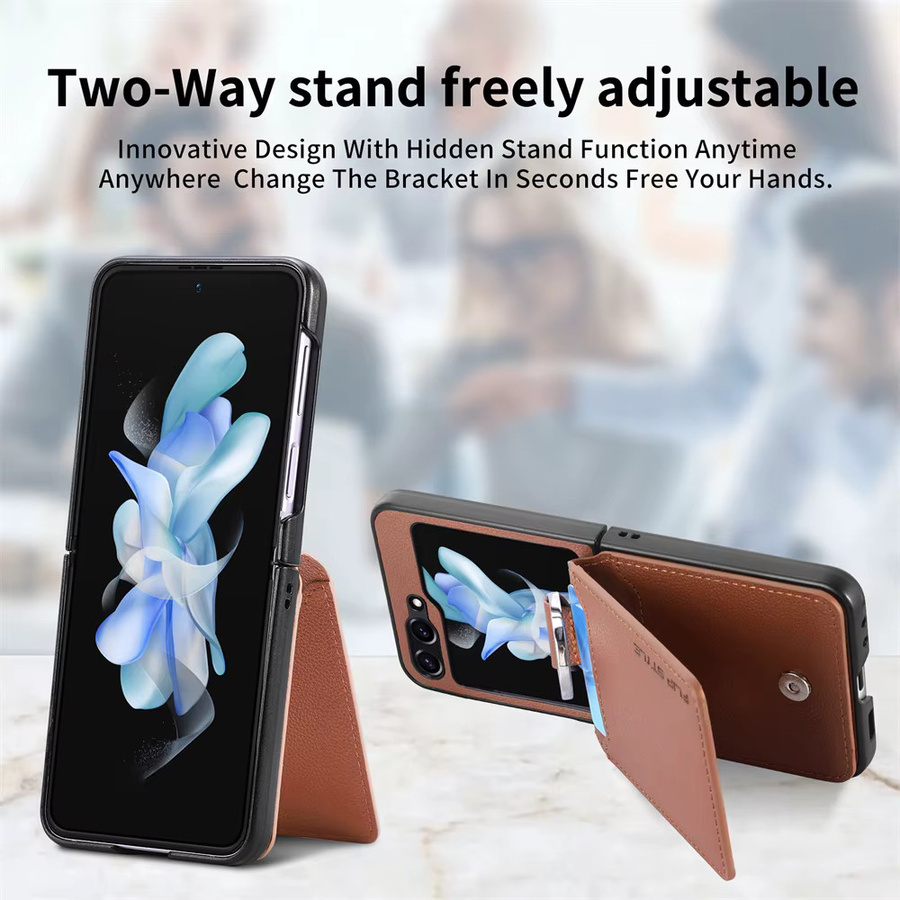 Lederhülle mit Lychee-Muster für Samsung Galaxy Z Flip 4 5 6 7 in Braun mit Kartenhalter und Fingerring - Bild 4
