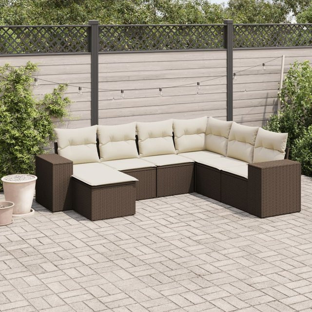 vidaXL 7-teilige Garten-Sitzgruppe in L-Form aus Polyrattan mit Kissen in Braun - Bild 3