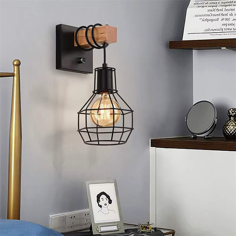 JOYINLED Wandleuchte Moderne Retro Nachttischlampe im Käfig-Design Schwarz mit Holzsockel WL0334 - Bild 3