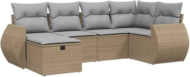 vidaXL 6-teilige Garten-Sofagarnitur in L-Form mit Kissen und Ottoman, Beige, Poly Rattan und Metallrahmen - Bild 1