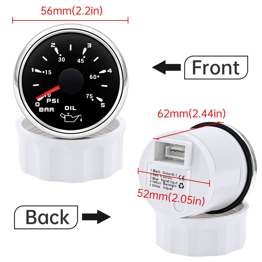 ZMFJH Öldruckmesser mit 7-Farben-Hintergrundbeleuchtung, 52mm, 0-5 Bar / 0-75PSI, wasserdichte Anzeige für Auto, Marine und Yacht, Multicolor - Bild 4