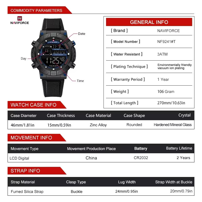 NAVIFORCE Armbanduhr, Digitaluhr, Silikon, Schwarz, Herren - Bild 4