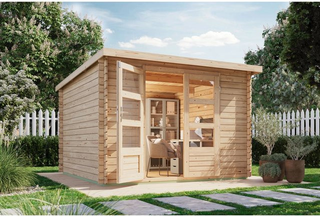 Karibu Gartenhaus Dortmund Solo aus Massivholz in Braun mit Pultdach und Blockbohlenbauweise, B/T/H: 205 x 28 x 205 cm - Bild 1