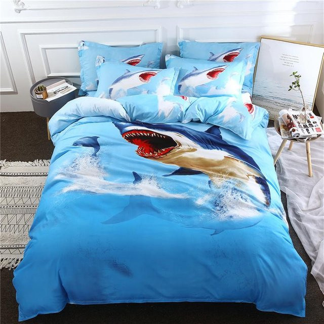 Bettwäscheset mit Hai-Motiv von Binchi Outdoor Product, 3-teiliges Set aus Mikrofaser in Blau und Weiß, B/H: 150 x 200 cm - Bild 1