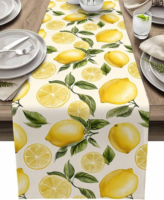 JINGYUE Pet Leinen Tischläufer mit Sommer Zitronen Aquarell-Design, Weiß, B/H: 33 x 150 cm - Bild 1