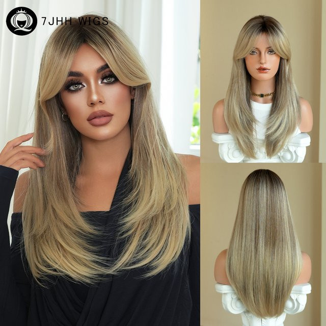7JHH WIGS Perücke für Damen, aschblond, synthetisch, lang, glatt - Bild 1