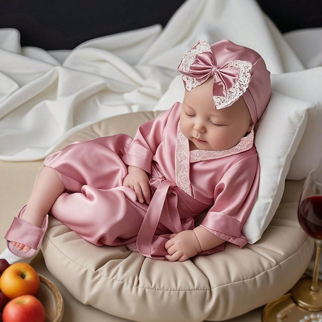 Ylsteed Neugeborenen-Fotografie-Outfit Set für Baby-Mädchen in Pink mit Spitzenbademantel, Schleife, Turban, Mütze und Hausschuhen - Bild 1