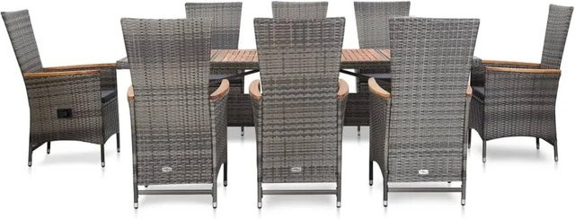 vidaXL 9-tlg Garten-Essgruppe aus Poly Rattan in Grau mit Auflagen und Akazienholz-Elementen - Bild 1