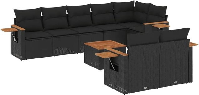 vidaXL 9-tlg Garten-Sofagarnitur aus Poly-Rattan und Akazienholz in Schwarz mit Kissen Modell 161 - Bild 1