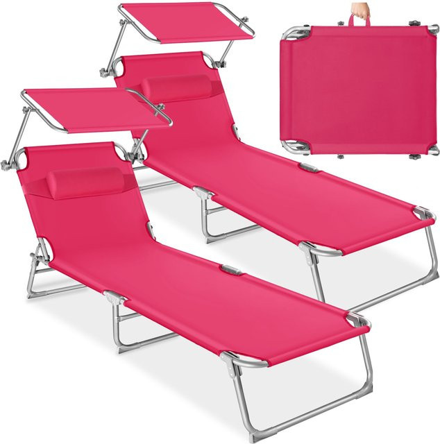 tectake 2er Set Sonnenliege Chloé klappbar mit Sonnendach und verstellbarem Kopfrest in Pink, B/T/H: 190 x 68 x 111 cm - Bild 1