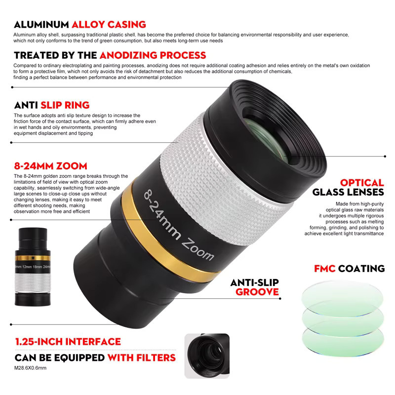 Datyson Teleskop-Zoom-Okular in Schwarz mit 8 mm bis 24 mm Zoom für 1,25 Zoll Teleskope - Bild 4