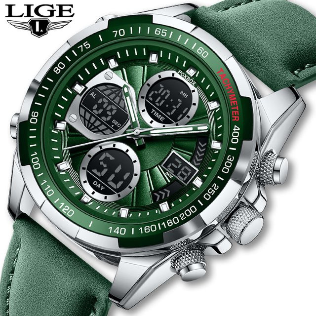 LIGE Chronograph, Digitaluhr, Quarz, Leder, orange, Herren - Bild 1