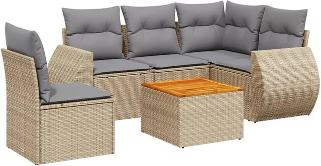 vidaXL 6-teilige Garten-Sofagarnitur in L-Form aus beigem Poly-Rattan mit Kissen und pulverbeschichtetem Stahlgestell - Bild 1