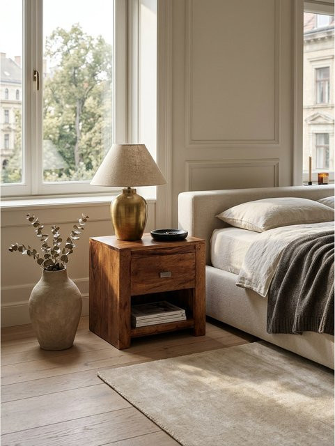 Nachttisch KADIMA DESIGN aus Massivholz Sheesham in Braun mit Landhausstil, B/T/H: 40 x 40 x 30 cm - Bild 1