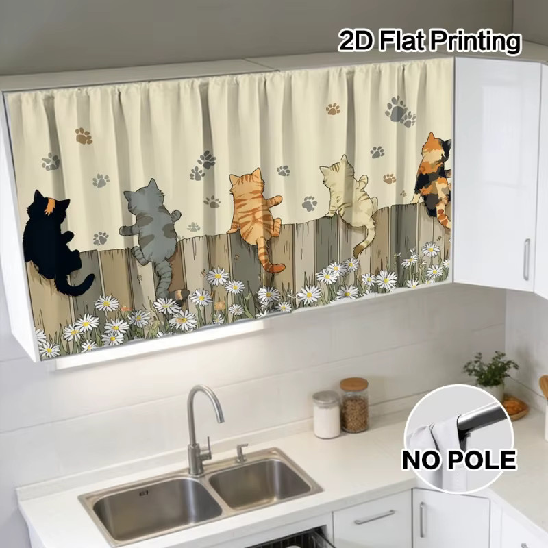 VIKAM Schrankvorhang mit Katzen- und Gänseblümchenmuster auf Zaun für Küche, Badezimmer und Wohnzimmer - Bild 3