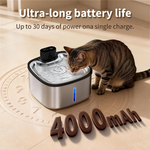 LABEKA Intelligenter Katzenwasserbrunnen in Silber mit Bewegungssensor, 3,5 l Volumen und kabelloser 4000mAh Batterie - Bild 1