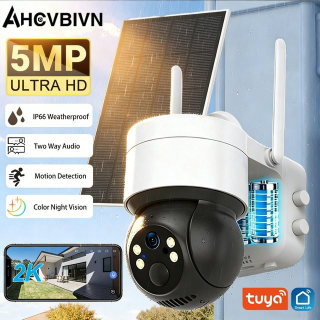 Tuya Solar Außenkamera WLAN PTZ IP-Kamera mit 5MP Auflösung, integriertem Akku und Solarpanel in Weiß - Bild 1