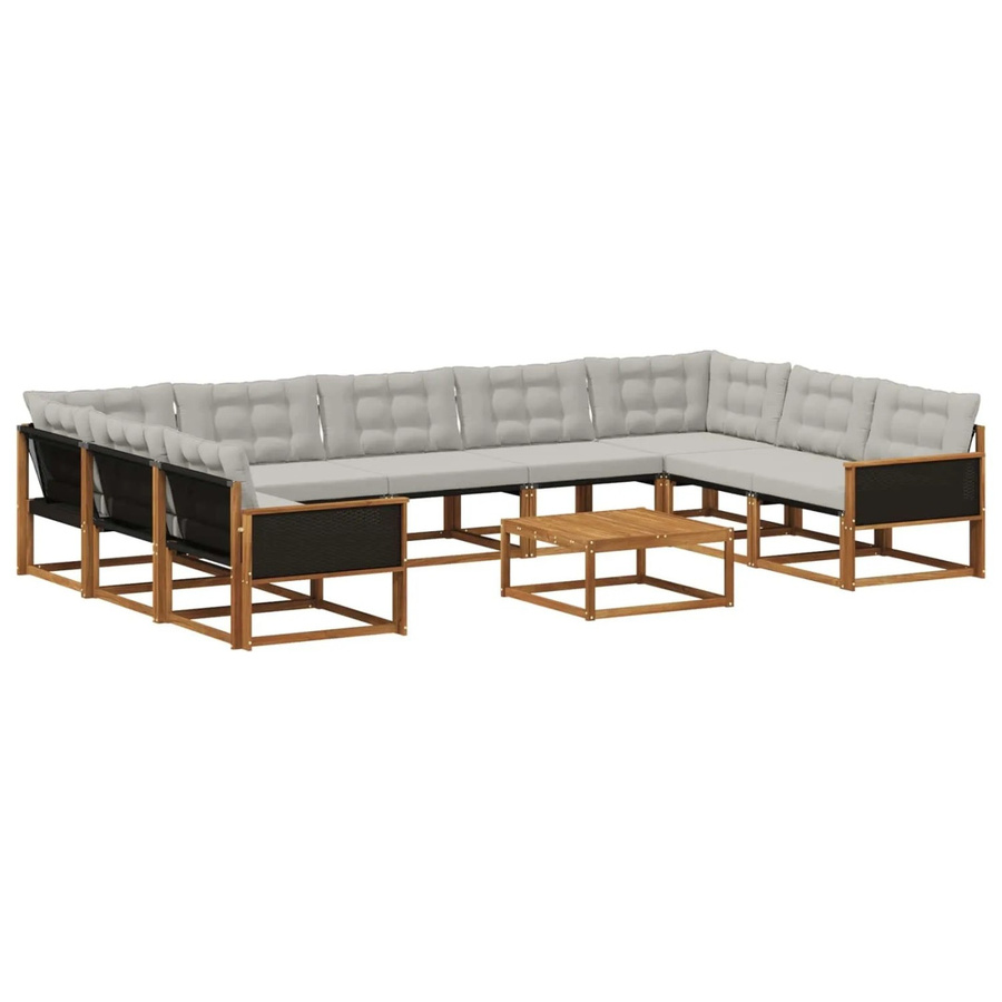 vidaXL Outdoor-Sofagarnitur in U-Form aus massivem Akazienholz mit 10 Textilene-Kissen, Farbe: Natur und Grau - Bild 2