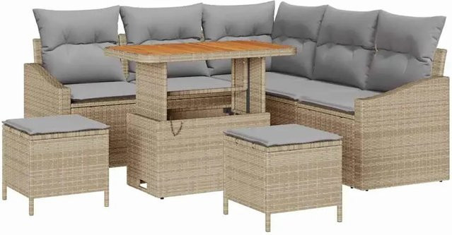 vidaXL 8-teiliges Gartensofa-Set mit Kissen in Beige aus Poly Rattan und Akazie mit modernem Design - Bild 1
