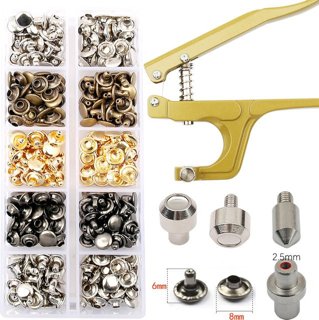 WORTHOFIRST Kupfer-Doppelkappen-Nieten in Gold, runde Nieten mit Werkzeug für Lederarbeiten, Schuhe, Taschen und Kleidung, Durchmesser: 8 mm - Bild 1