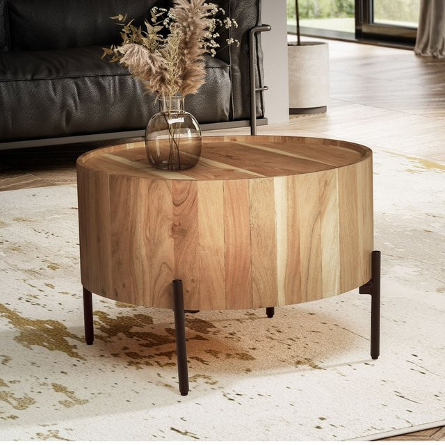 FineBuy Couchtisch aus Akazie Massivholz rund in Braun, Durchmesser: 60 cm, Höhe: 41 cm - Bild 1