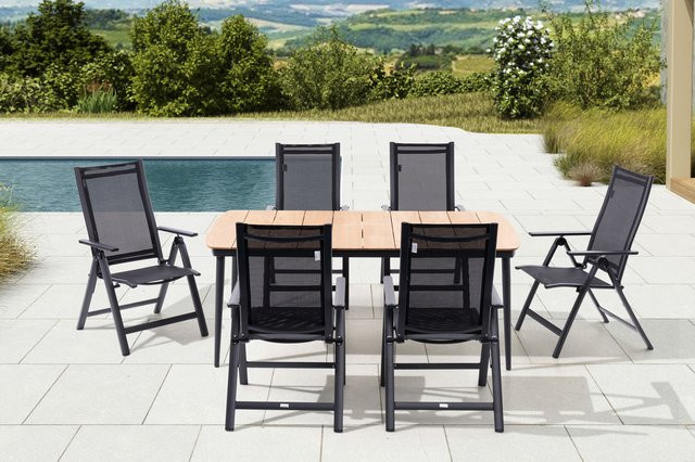 OUTFLEXX Garten-Essgruppe aus Aluminium, Teakholz und Textil in Anthrazit Matt mit 6 Klappstühlen, Tisch B: 184 cm, T: 100 cm, H: 73 cm - Bild 1