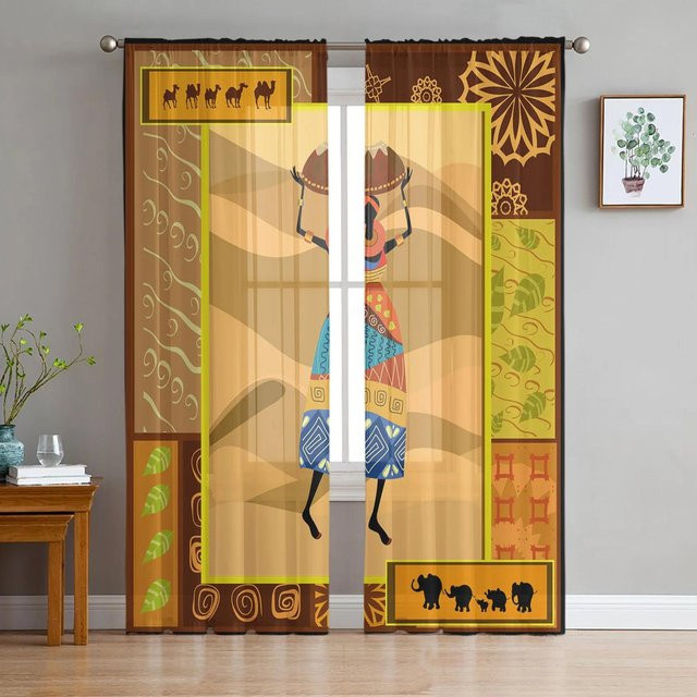 Yiran Furniture Transparente Voile-Fenstervorhänge mit Afrikanischer Frau Silhouette in Weiß, Breite: 135 cm, Höhe: 115 cm - Bild 1