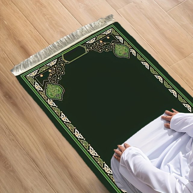 VIKAMA Waschbare Islamische Gebetsmatte in Dunkelgrün mit orientalischem Design - Bild 1
