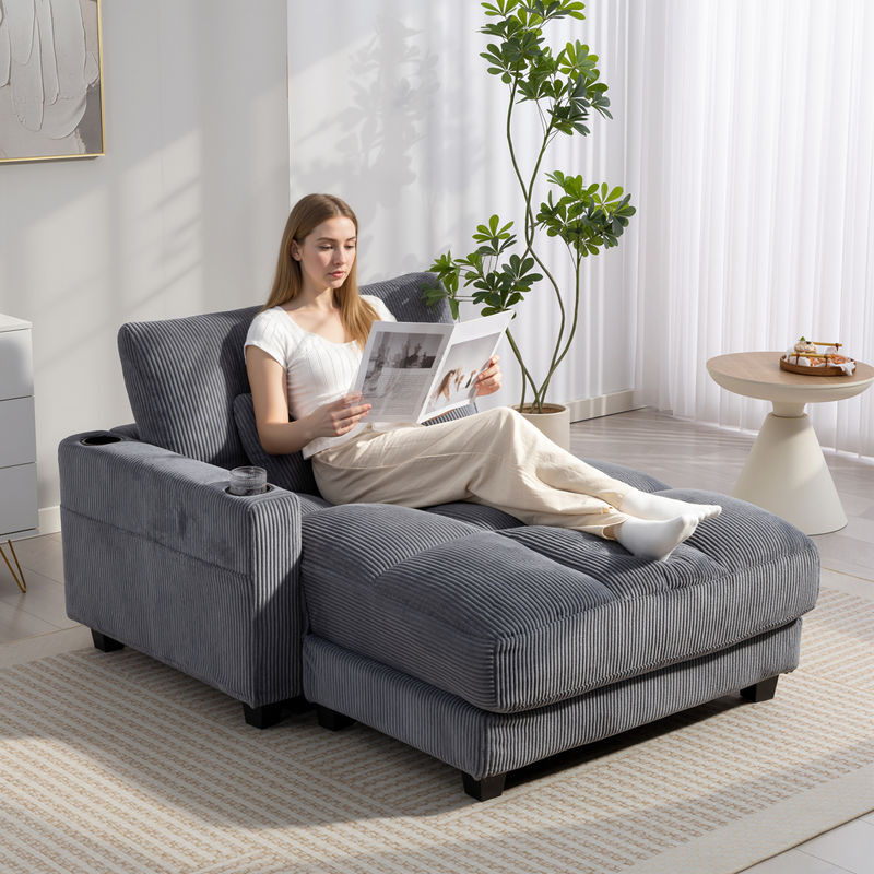 HOMCOM Chaiselongue 2 Sitzer Schlafsofa mit Bettfunktion und Becherhalter in Dunkelgrau, B/T: 114 x 147 cm - Bild 2