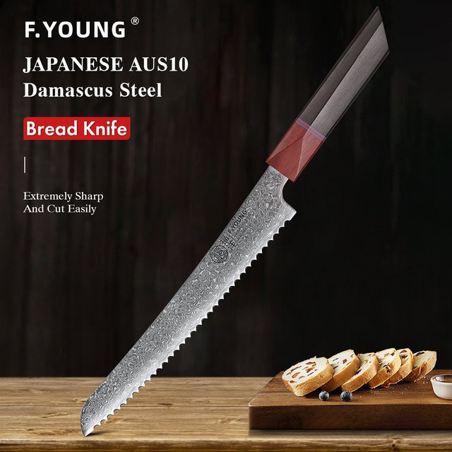 F.YOUNG Professionelles gezahntes Brotmesser aus Damaststahl mit Holzgriff, 21,59 cm - Bild 1