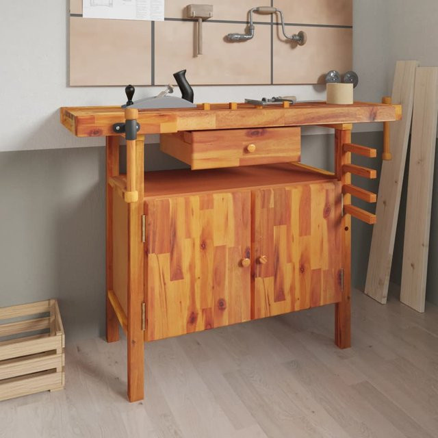vidaXL Werkbank aus Massivholz Akazie mit Schublade und Schraubstöcken, Farbe: Braun, B/T/H: 124 x 52 x 83 cm - Bild 2