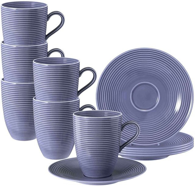 Seltmann Weiden Henkelbecher mit Untertassen Beat Color Glaze Purple Striped aus Porzellan 350 ml 6er Set - Bild 1
