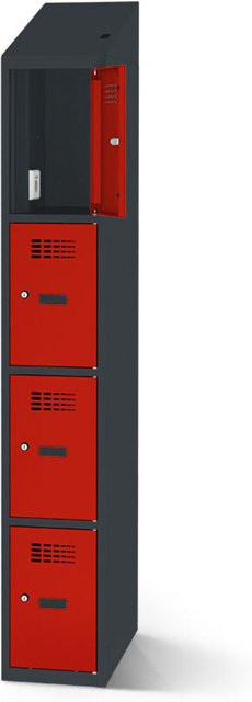 rotstahl Fächerschrank mit Ladefunktion und 4 Fächern in Rot mit anthrazitgrauem Korpus, B: 30 cm, H: 200 cm - Bild 1