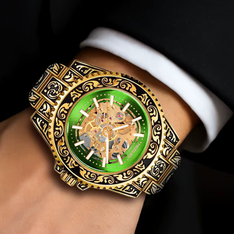 MEIRUIQI Armbanduhr Automatik, Edelstahl, Gold, grünes Zifferblatt, Herren - Bild 4
